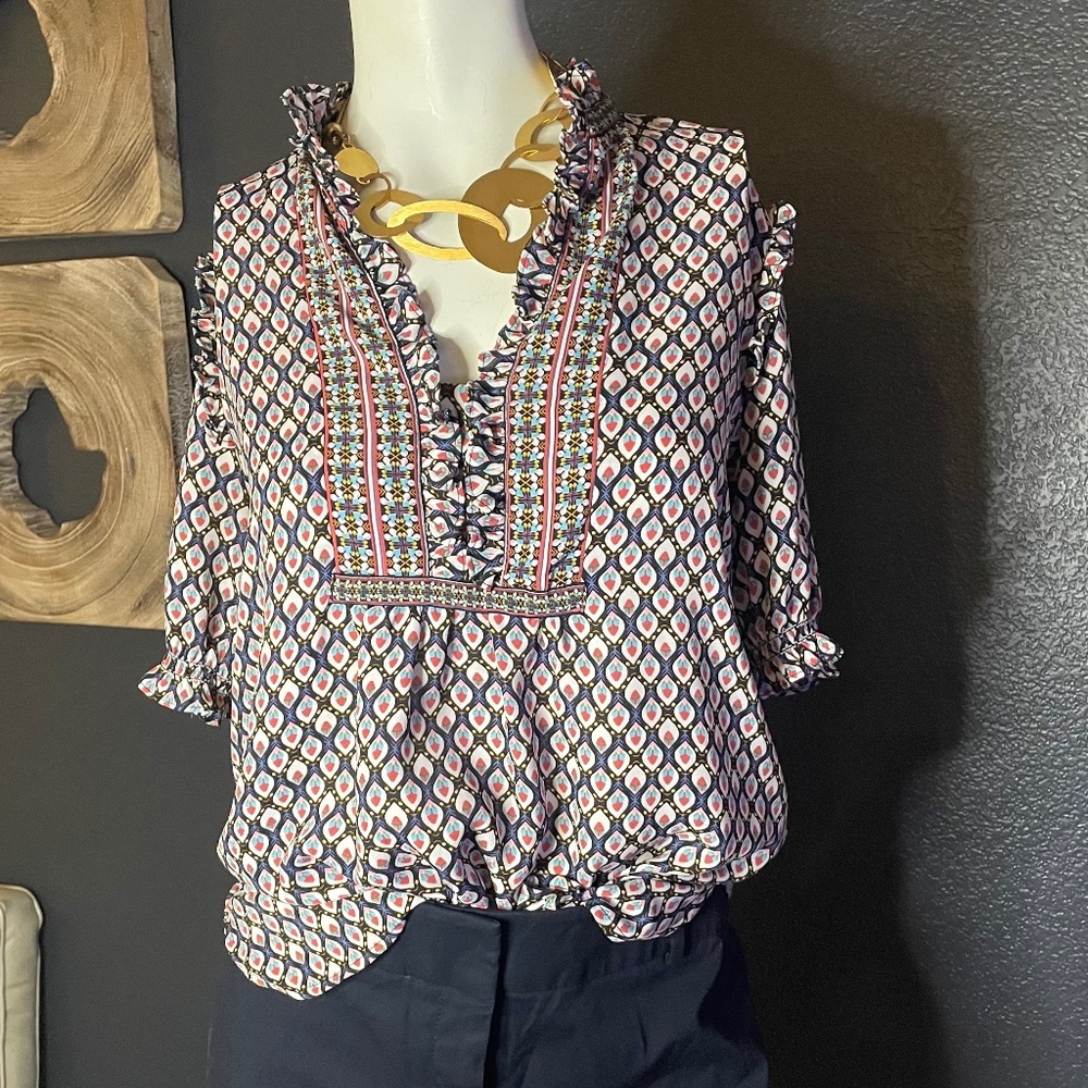 Casual Ruffle High Neck Puff Sleeve Top Size M